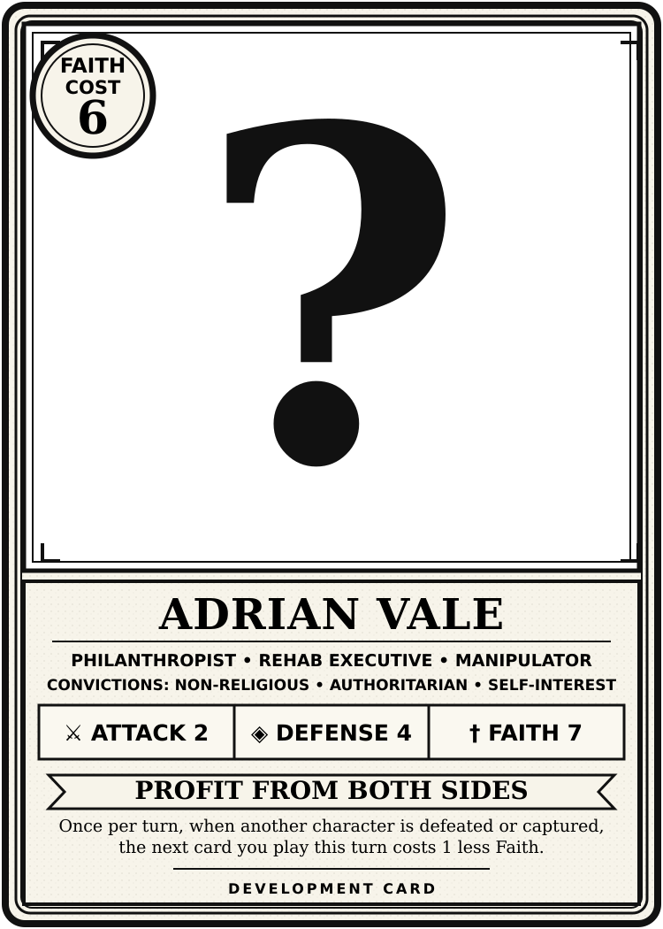 Adrian Vale development card with a large question mark in place of unfinished artwork