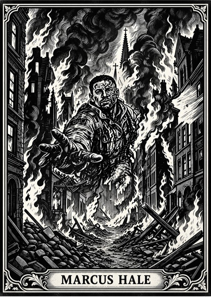 Original hand-drawn artwork of Marcus Hale reaching through smoke during a rescue